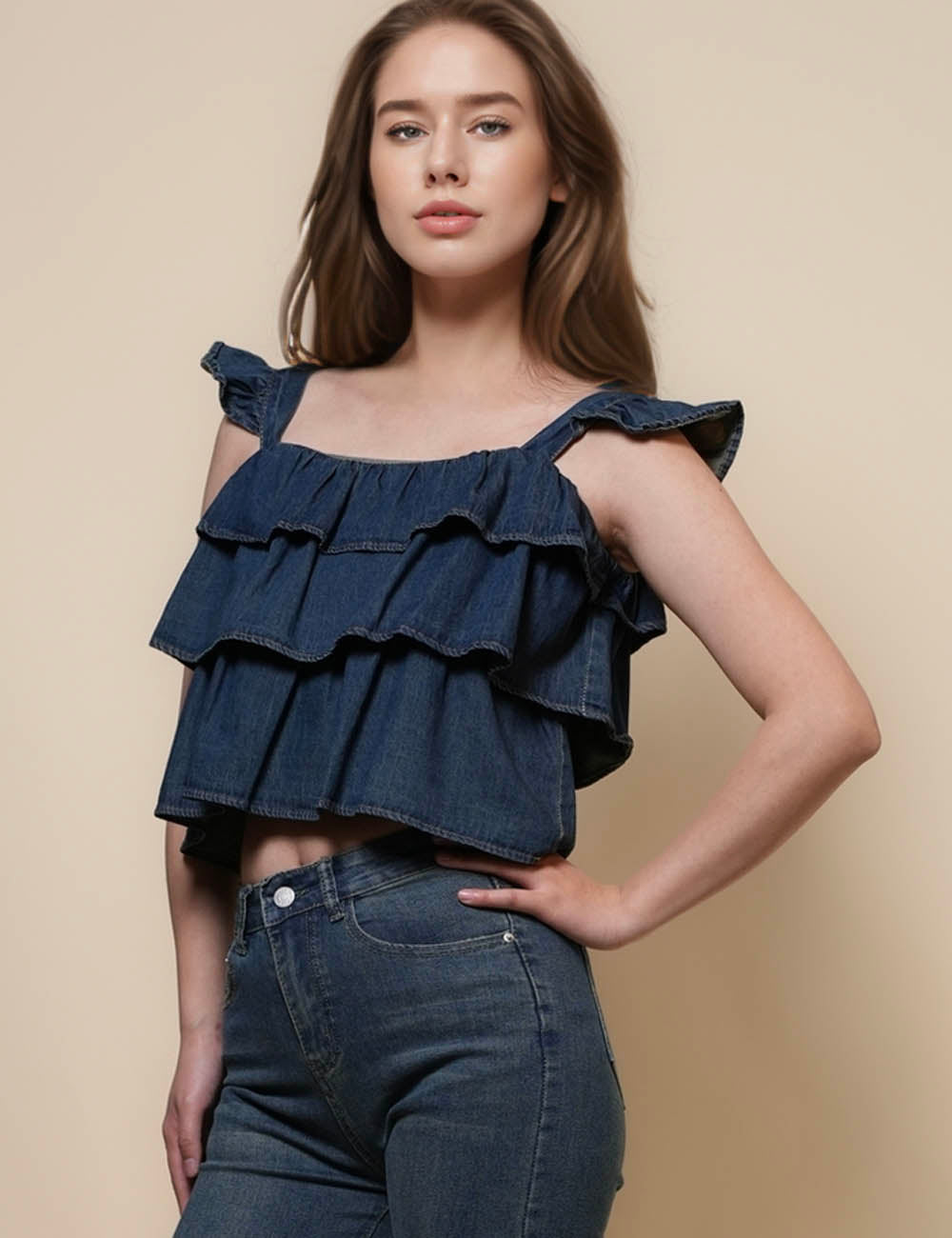 Ladies Square Neck Ruffle Denim Cami Top SKT50123