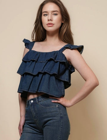 Ladies Square Neck Ruffle Denim Cami Top SKT50123
