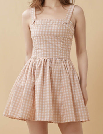 Ladies Color Block Checked Strap Shoulder Mini Dress