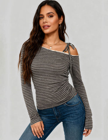 Ladies Striped Tie Shoulder Ruffle Trim Long Sleeves Top