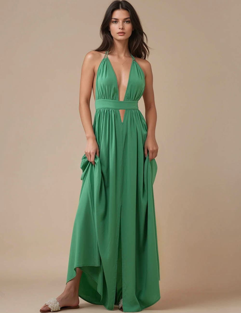 Ladies Deep V-Neck Sleeveless Halter Backless Maxi Dress SKD51226