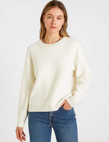 Ladies Solid Color Round Neck Pullover Knit Sweater