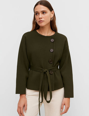 Ladies Round Neck Single Breasted Belted Crop Jacket