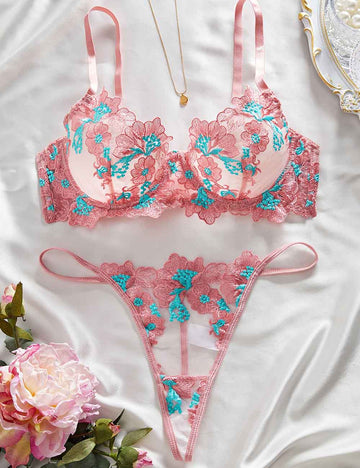 Ladies Sexy Color Block Embroidery Sheer Mesh Lingerie Set