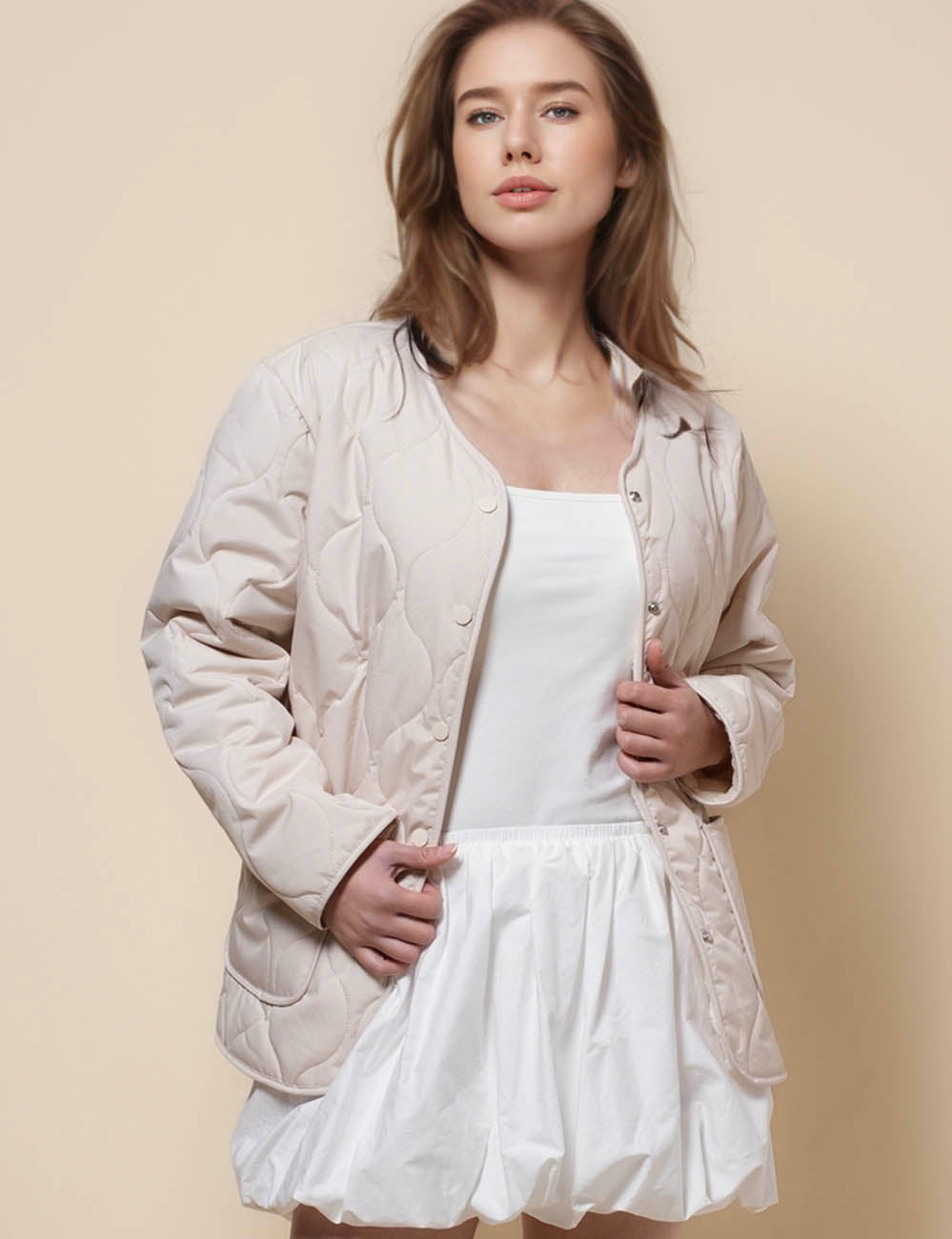 Ladies Long Sleeves Pockets Button Down Coat SKT41142