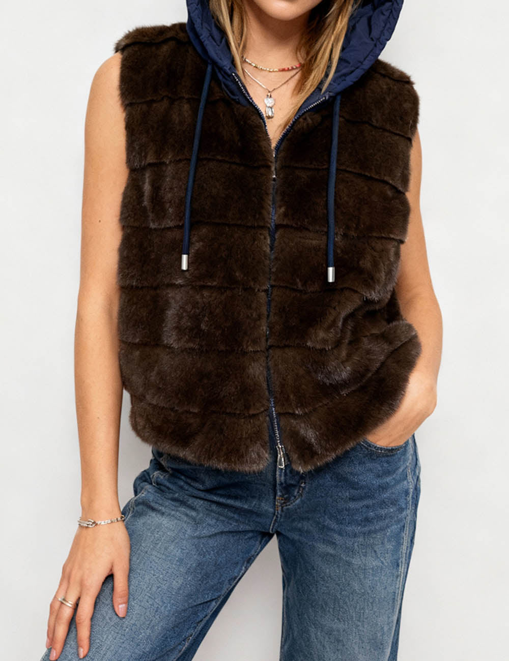 Ladies Hooded Faux Fur Front Quilted Padded Vest