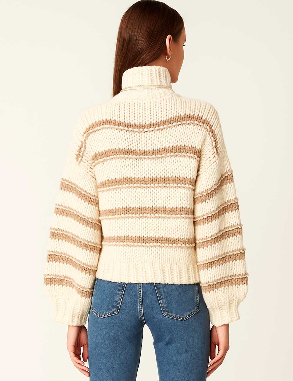 Ladies Chunky Knit Striped Color Block Mock Neck Sweater