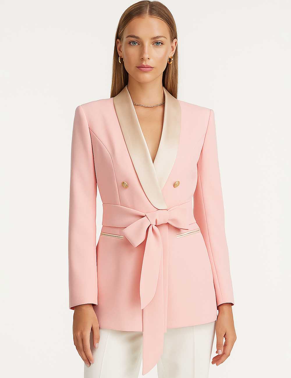 Ladies Solid Color Waist Belt Double Breast Long Blazer