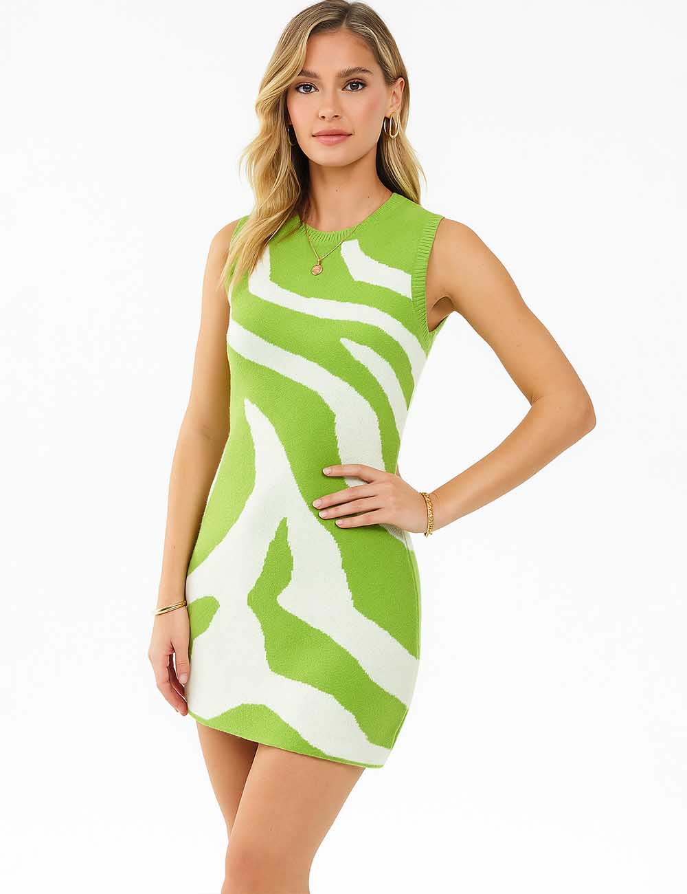 Ladies Color Block Round Collar Sleeveless Knit Dresses