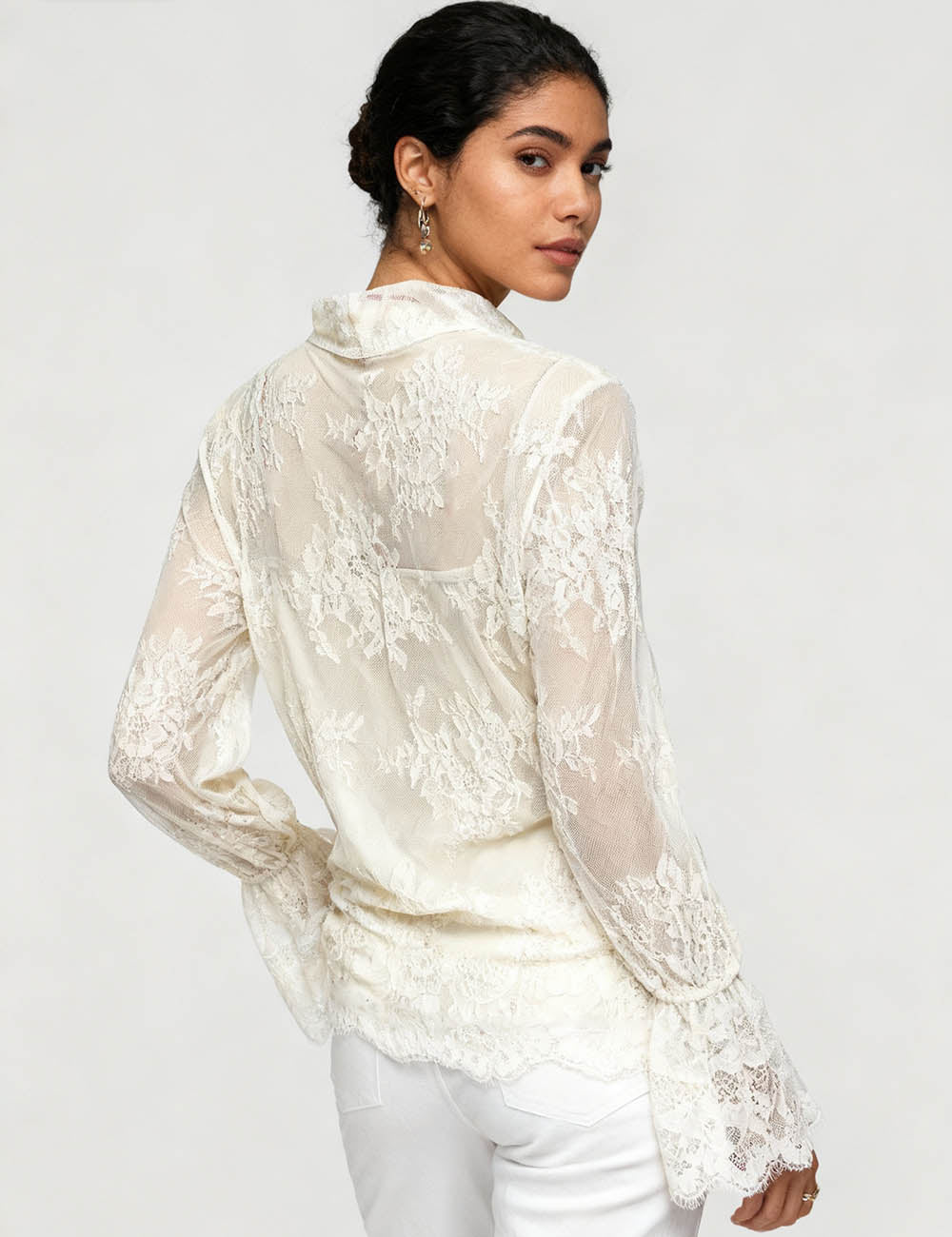 Ladies Lace See Sheer Bow Tie Neck Flared Sleeves Blouse