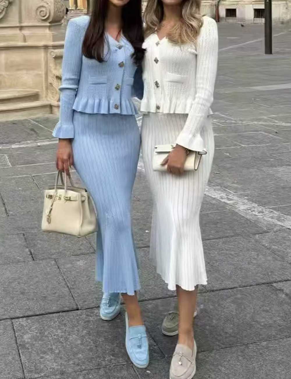 Ladies V-Neck Ruffle Hip Wrap Knit Top & Skirt Set
