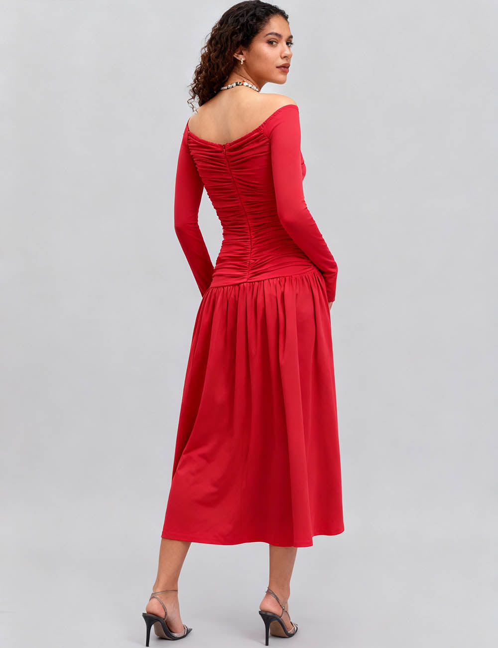 Ladies Ring Cutout Ruched Long Sleeves Midi Sleeves