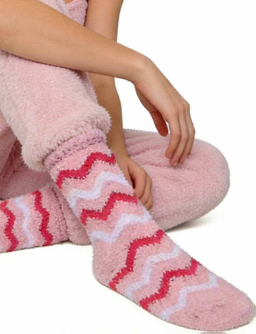 Ladies Wave Striped Cozy Fuzzy Valentine Slipper Socks