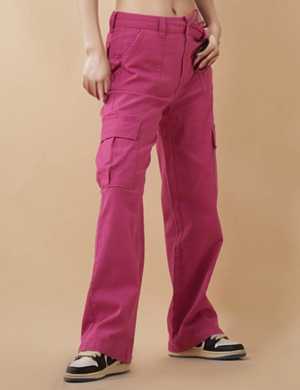 Ladies Cargo Jeans Button Pocket Straight Leg Denim Pants