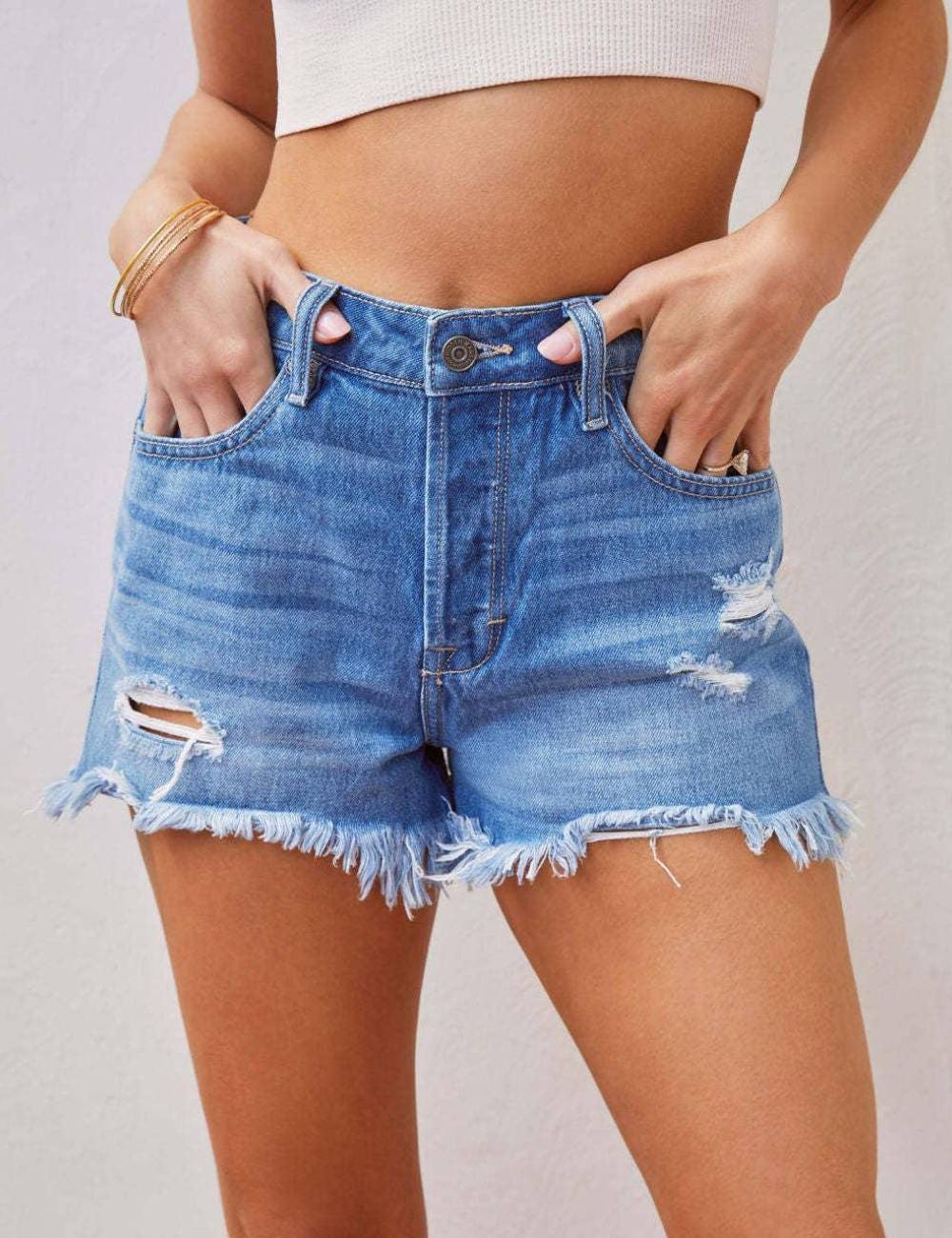 Ladies Distressed High Waist Denim Shorts SKS265