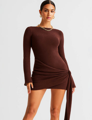 Ladies Round Neck Waist Tie Backless Knit Mini Dress