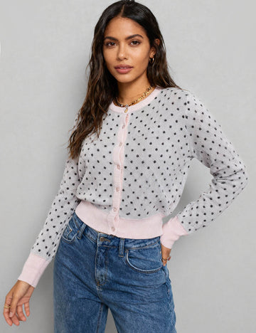 Ladies Color Block Polka Dot Button Front Crop Knit Cardigan
