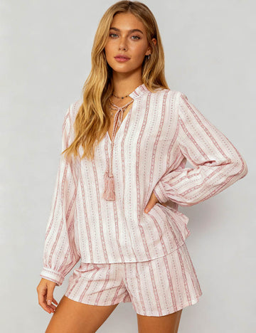Ladies Floral Striped V-Neck Tassel Tie Blouse & Shorts Set