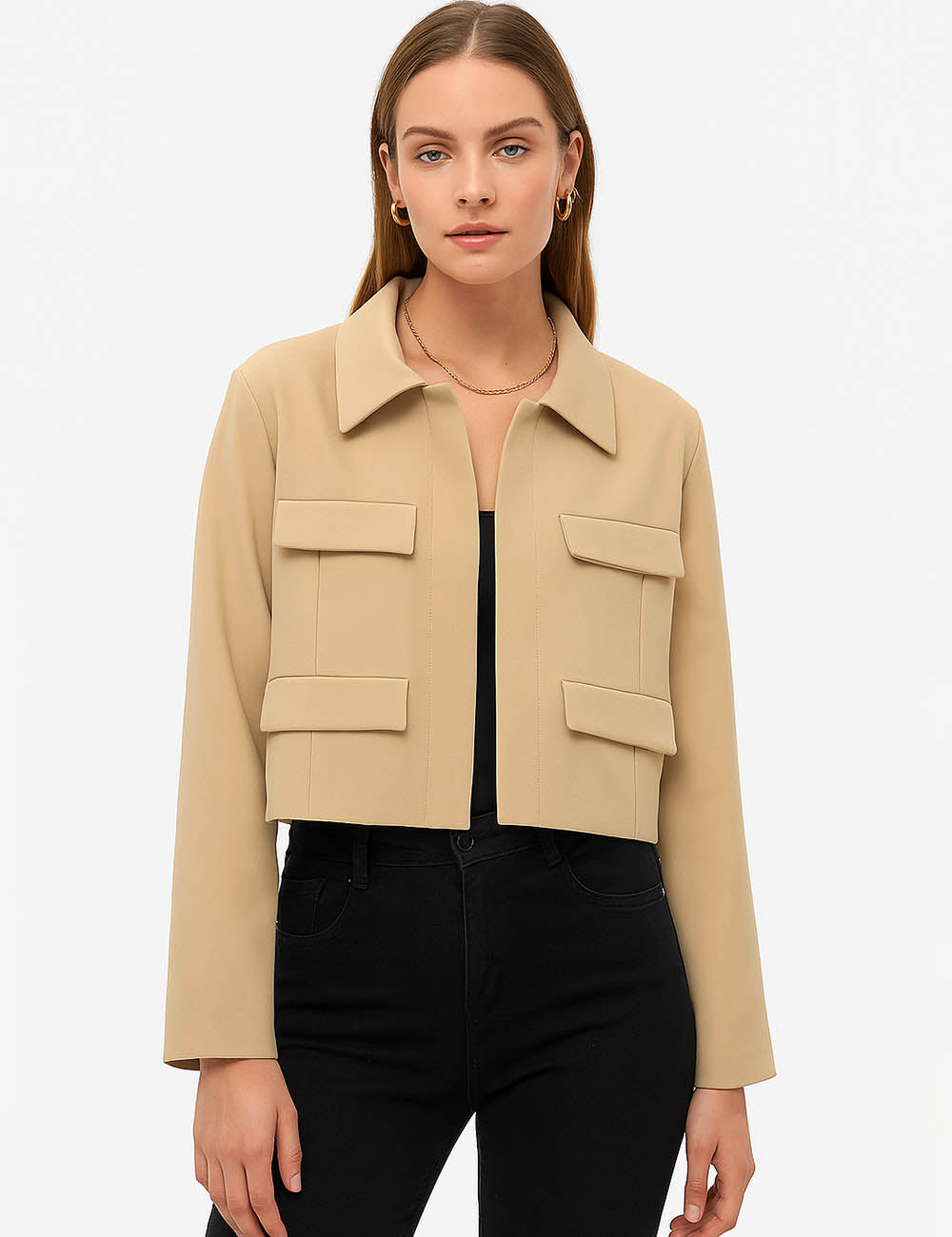 Ladies Solid Color Lapel Collar Button Front Crop Jacket