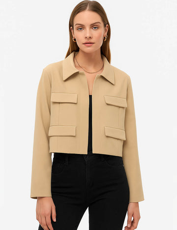 Ladies Solid Color Lapel Collar Button Front Crop Jacket