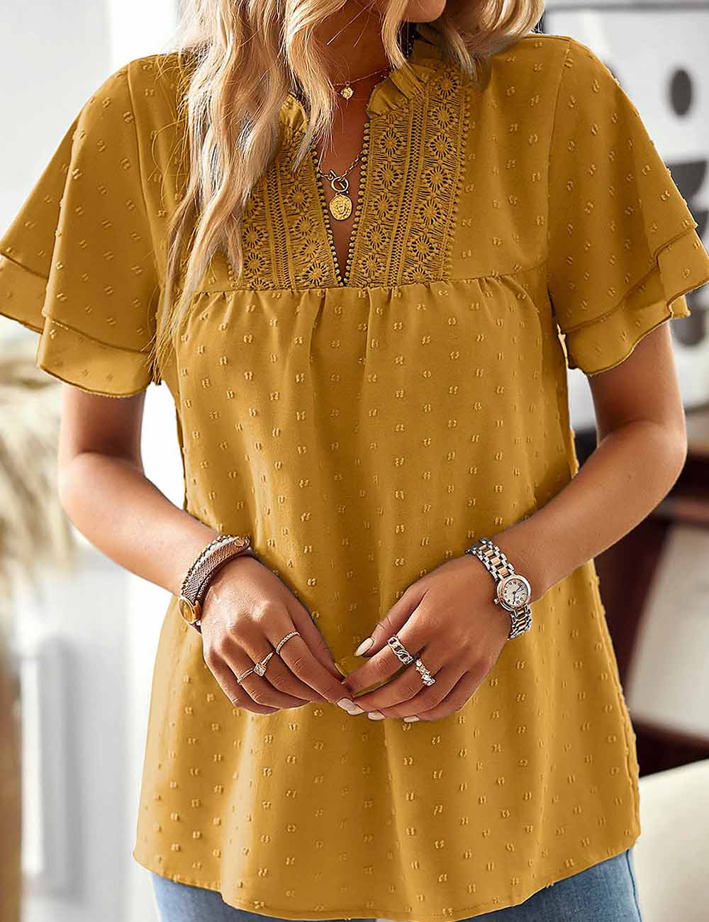 Ladies V-Neck Jacquard Eyelet Flared Short Sleeves Blouse