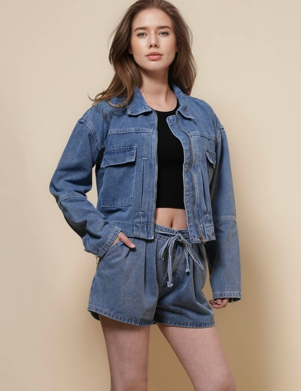 Ladies Long Sleeves Top & Shorts Denim Set SKST50098