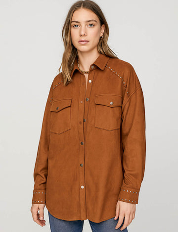 Ladies Faux Suede Metal Stud Trim Shirt Collar Jacket