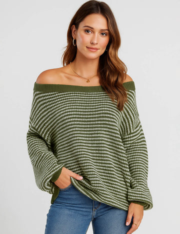 Ladies Striped Pullover Round Neck Lantern Sleeves Knit Sweater