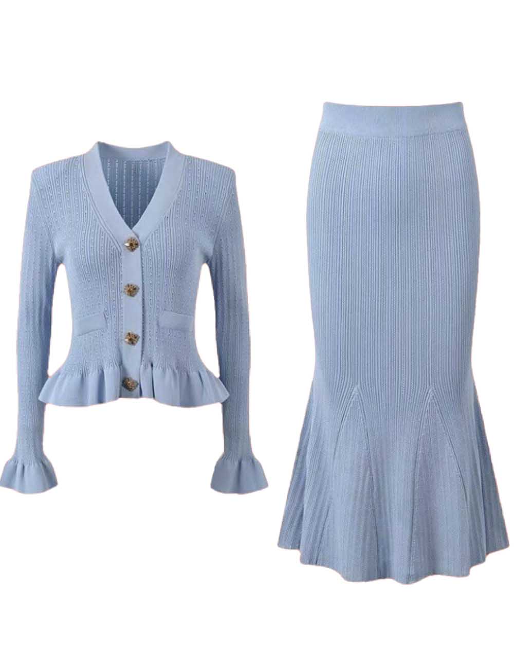 Ladies V-Neck Ruffle Hip Wrap Knit Top & Skirt Set