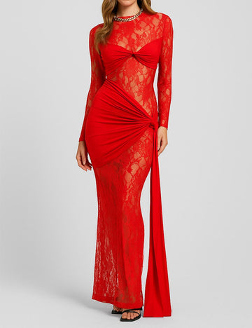 Ladies See Sheer Lace Knotted Waist Bodycon Maxi Dress