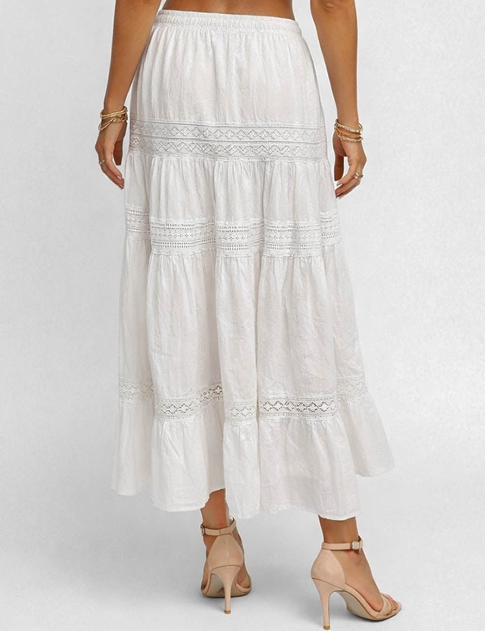 Ladies Elastic Waist Eyelet Lace Panel Tiered Maxi Skirt