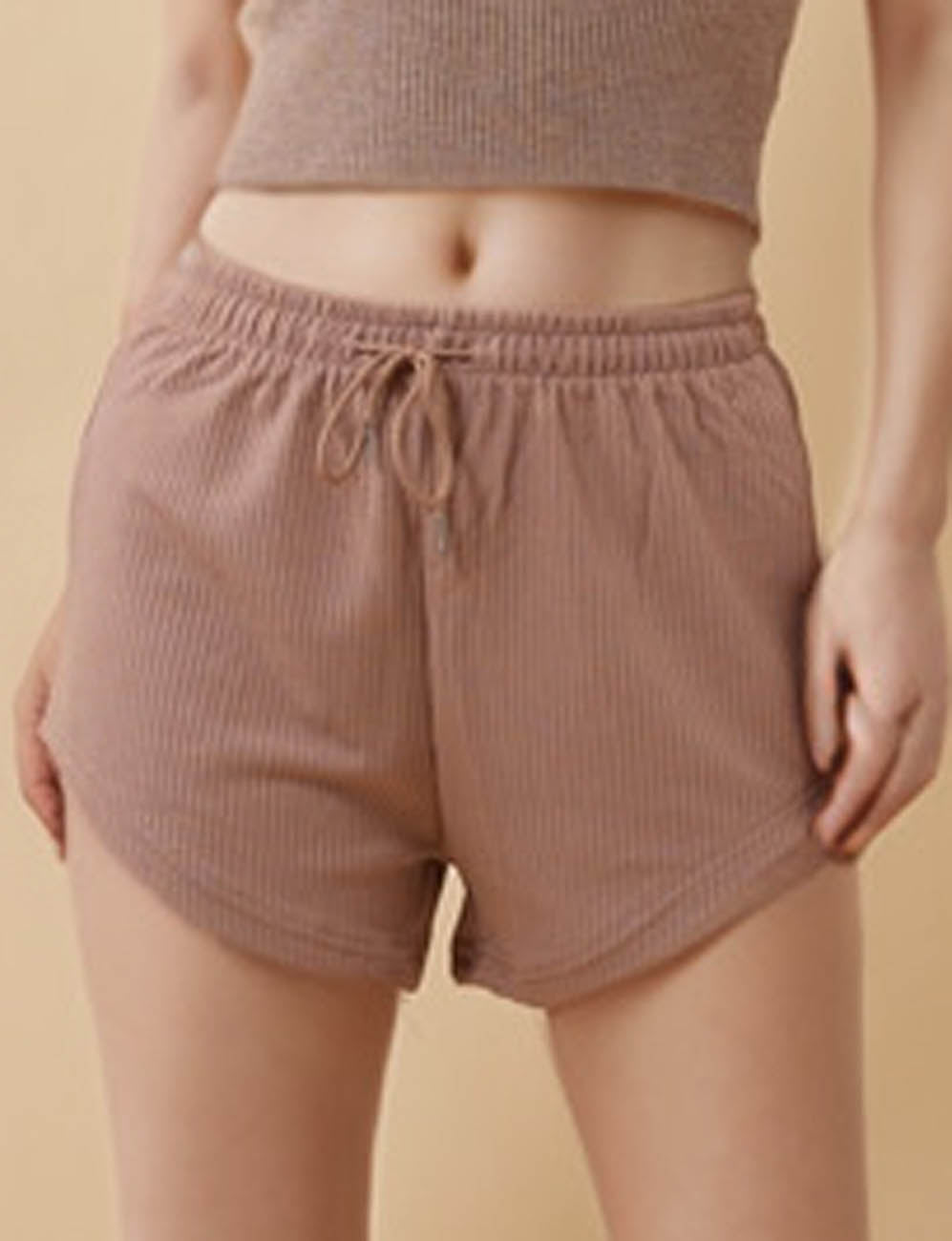 Ladies Solid Color Elastic Waist String Tie Ribbed Loungewear Shorts