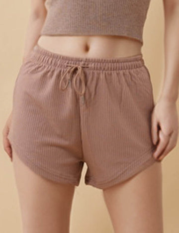 Ladies Solid Color Elastic Waist String Tie Ribbed Loungewear Shorts
