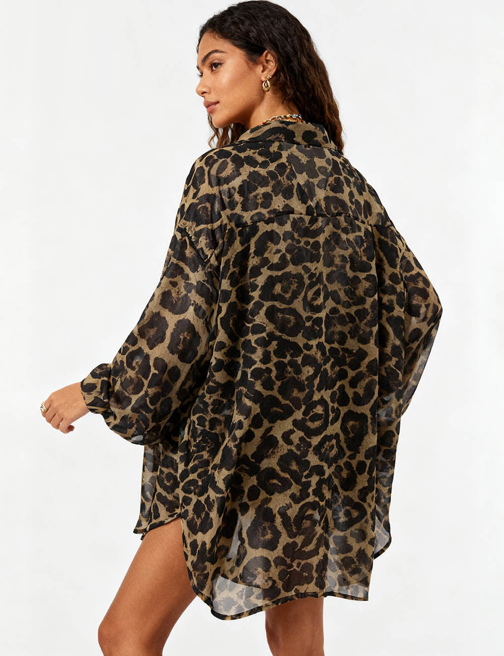 Ladies Leopard Print Lantern Sleeves Blouse & Shorts Set