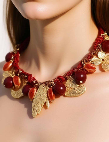 Ladies Woven Knotted Moon & Heart Pendants Necklace