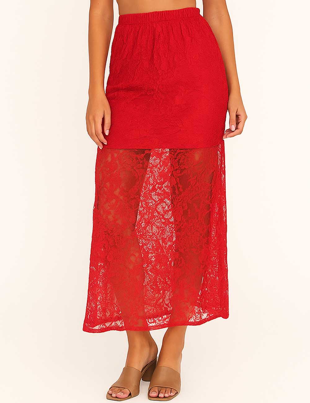 Ladies Lace See Through Elastic Waist Maxi Skirt