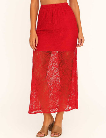 Ladies Lace See Through Elastic Waist Maxi Skirt