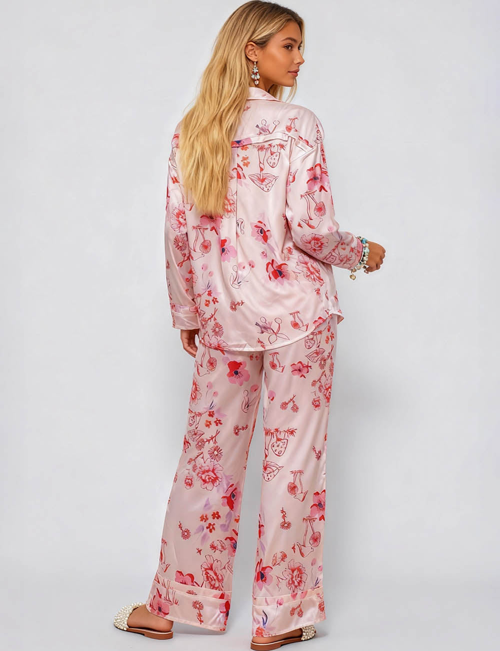 Ladies V-Neck Floral Print Top & Pants Set SKST51306