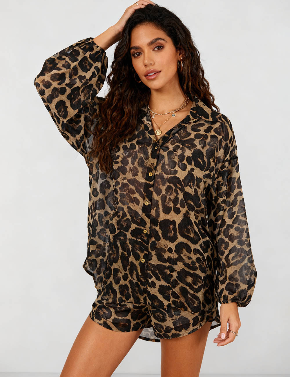 Ladies Leopard Print Lantern Sleeves Blouse & Shorts Set