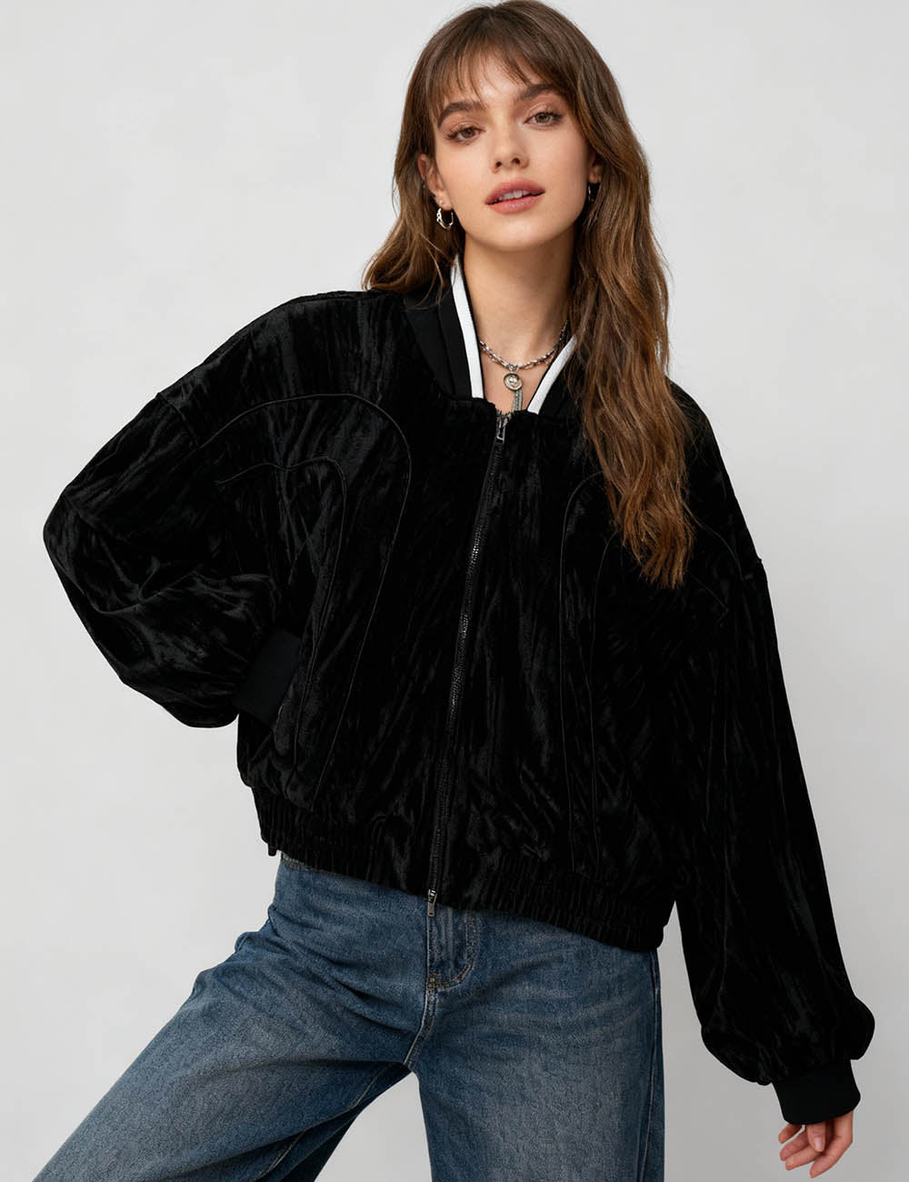 Ladies Black Stand Collar Velvet Jacket SKT0787