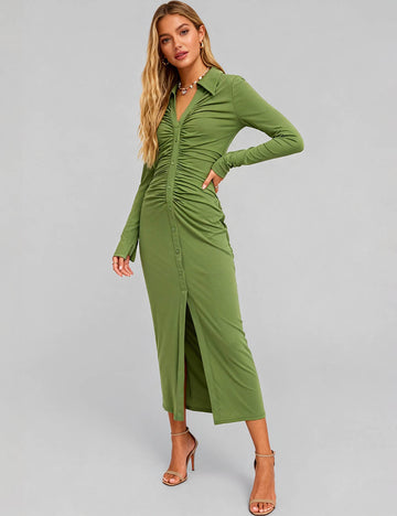 Ladies Lapel Collar Button Down Ruched Bodycon Midi Dress
