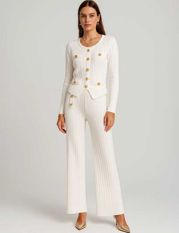 Ladies Solid Color Ribbed Knit Top & Pants Set