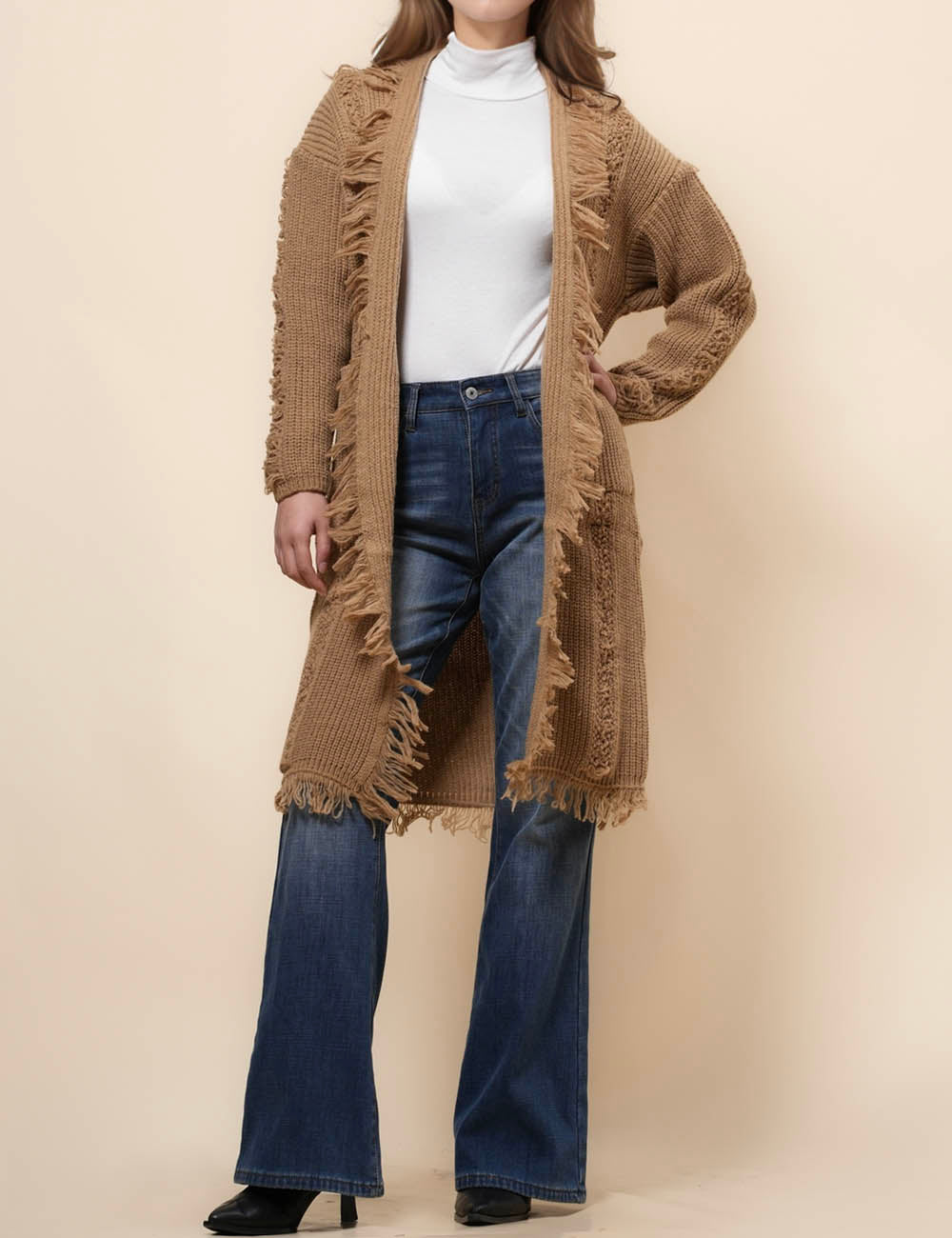 Ladies Solid Color Tassels Open Front Cardigan SKT41088