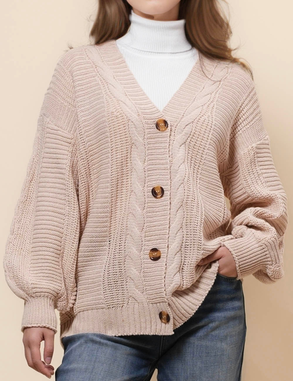 Ladies Solid Color Cable Knit Botton Cardigan SKT4833
