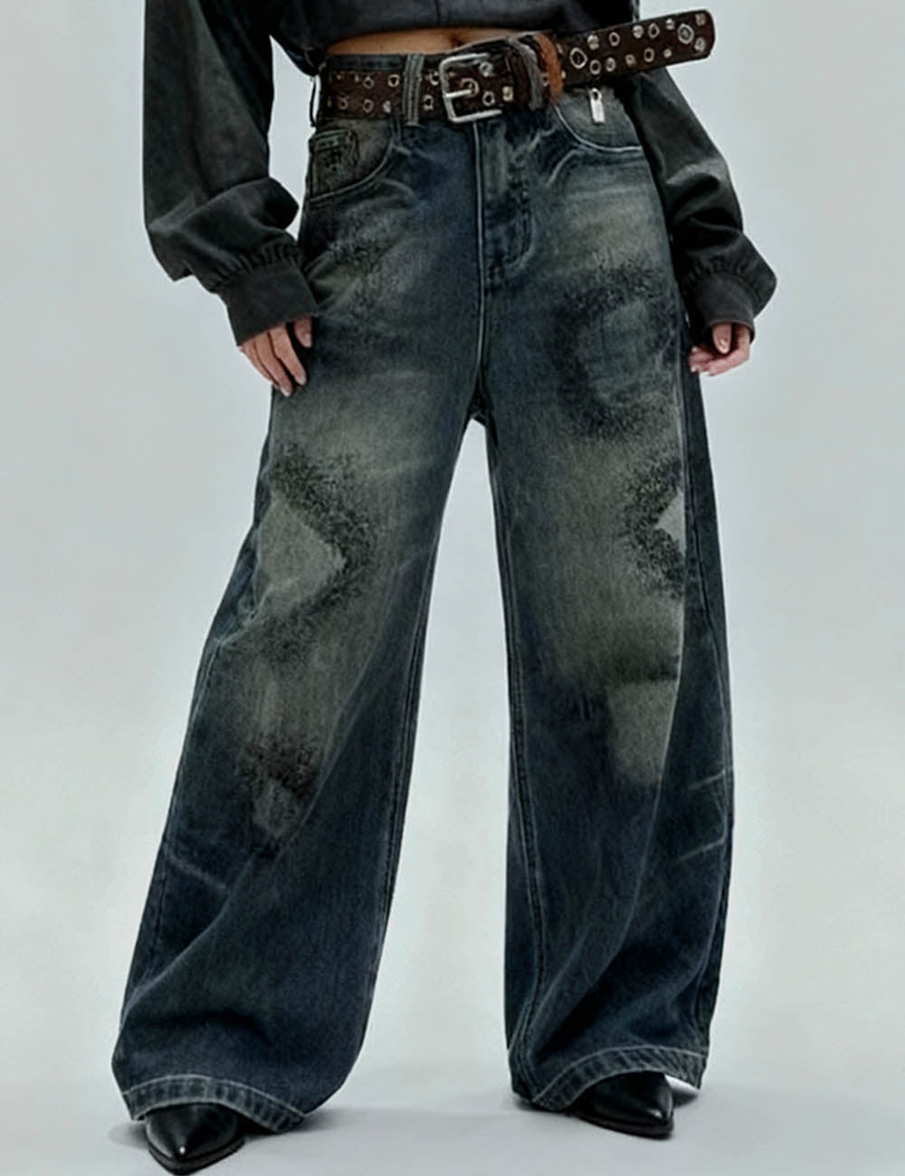 Ladies Vintage Washed Fleece Lined Wide Leg Denim Pants