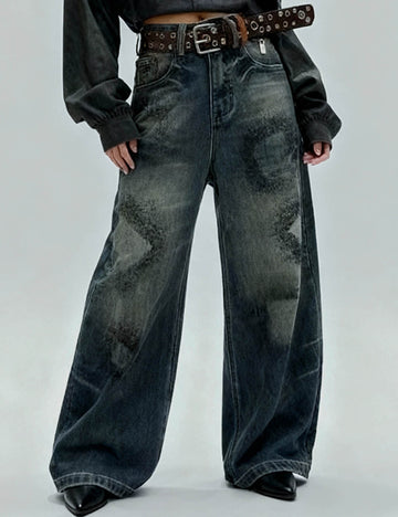 Ladies Vintage Washed Fleece Lined Wide Leg Denim Pants