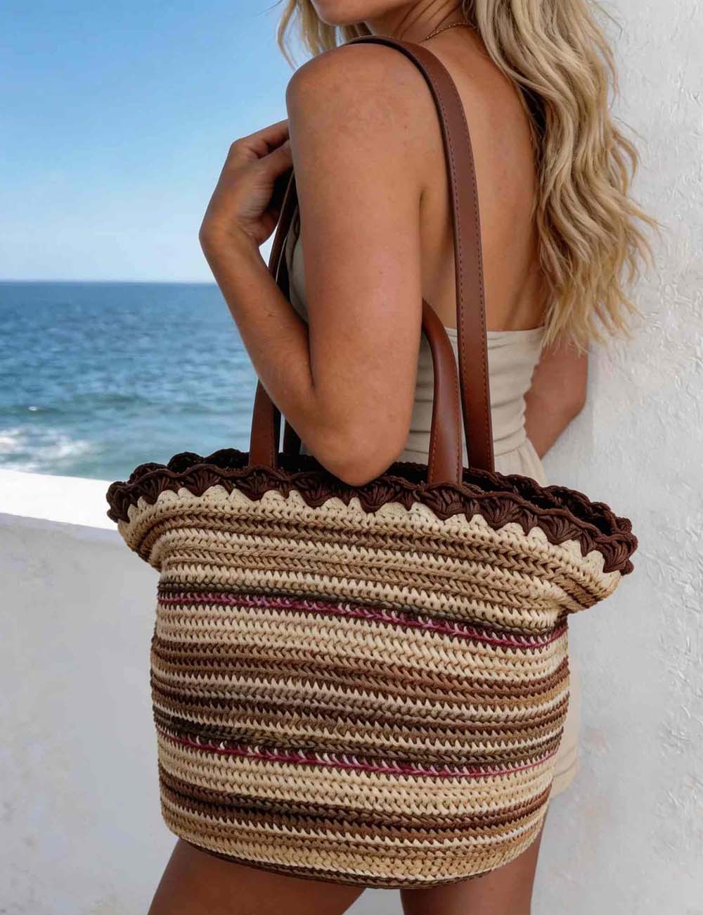 Ladies Crochet Straw Bucket Bag Striped Woven Summer Beach Tote Bag