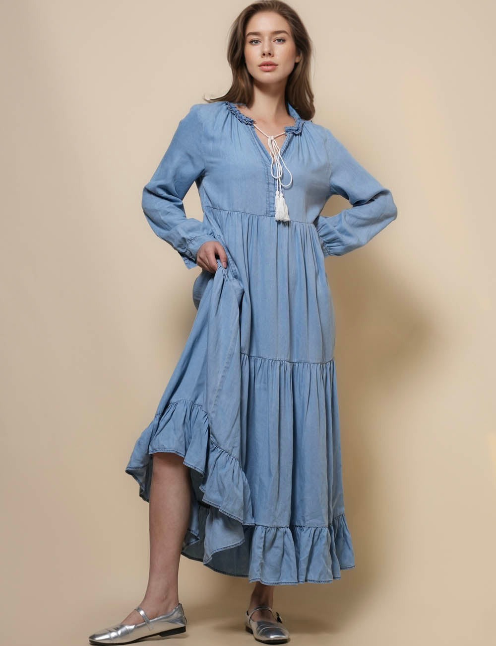 Ladies V-Neck Long Sleeeves Denim Midi Dress SKD50033