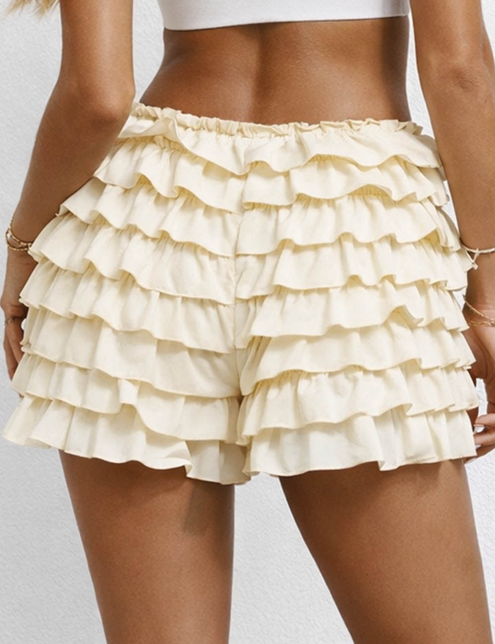 Ladies Tiered Ruffle Solid Color Elastic Waist Mini Shorts
