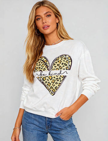 Ladies Valentine‘s Heart Leopard Print Round Neck Sweatshirt